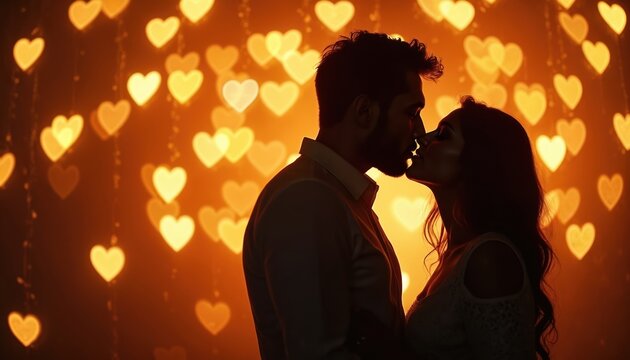 Silhouette couple kiss against heart shaped lights. Man, woman share intimate moment expressing love. Warm golden bokeh light background enhances romance feeling in night. Wedding valentine concept.