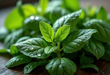 Close-Up Herb Composition with Dew Drops Organic Texture Freshness Botanical Detail