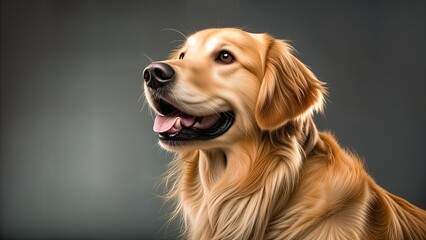 Happy golden retriever dog portrait with smiling expression against dark background
