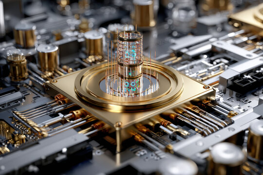 Innovative technology close-up showcasing advanced circuit board with quantum computing elements