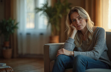 Obraz premium Blonde woman sits alone on couch looking thoughtful and sad. She rests her head on her hand with worried expression. Indoor home setting with plants visible in background. Feels stress or loneliness.
