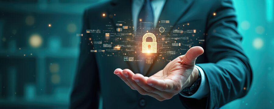 Businessman holds glowing digital padlock over palm. Futuristic data streams connect globally creating secure network. Online safety and data protection concept. Future tech. - Powered by Adobe