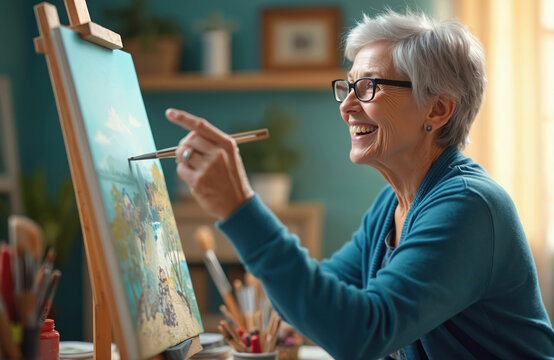 Elderly woman paints landscape on canvas with joy. Mature artist uses brush and easel in home studio. Creative hobby, skill and achievement. Happy senior lady creates art.