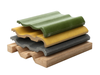 Stacked roofing tiles of various colors (green, yellow, gray) on wooden support beams