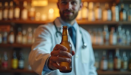 Smiling doctor in white coat and stethoscope holds out a cold beer bottle. He offers alcohol, showing a clear contradiction for health professionals and an ethical dilemma in medicine.