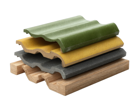 Stacked roofing tiles of various colors (green, yellow, gray) on wooden support beams