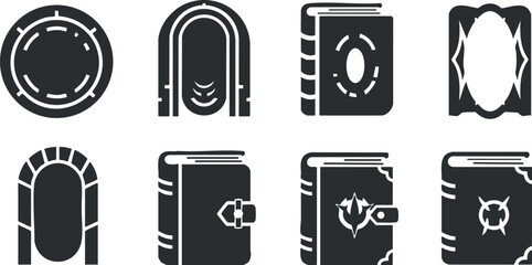 Set of minimalist black and white vector icons featuring various book designs and covers for educational and literary contexts