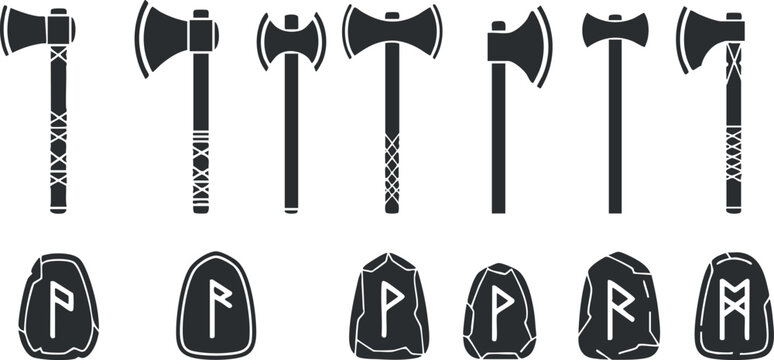 Black and white vector illustration of a collection of axes and runes for adventure and historical themes