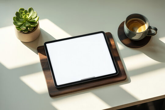 High angle shot of a digital tablet mockup with a blank screen on a minimal desk, surrounded by a coffee cup and succulent plant in bright sunlight.