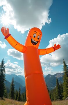 Orange inflatable tube man smiles widely, arms waving high. It stands tall under a bright sunny blue sky with white clouds. Mountains and green pine trees complete the vibrant outdoor scene.
