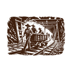 Western Miners in Underground Tunnel – Vintage Black and White Engraving