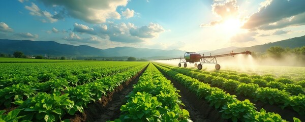 Modern irrigation machine sprays water on large green crop field at sunrise. Long rows of plants stretch towards distant mountains under bright sunny sky. Automated farm tech helps grow food