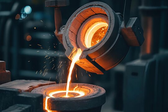High-intensity closeup of liquid metal pouring from a hot ladle during the industrial casting process in a dark, high-temperature foundry. - Powered by Adobe