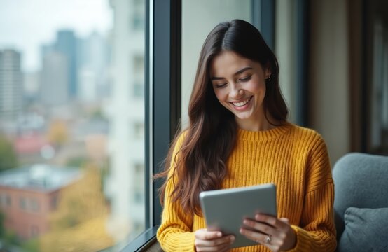 Smiling young woman reads tablet by window. She wears yellow sweater. Brunette enjoys digital device in apartment. Cityscape is seen outdoors. Lady relaxes in cozy home with modern technology.