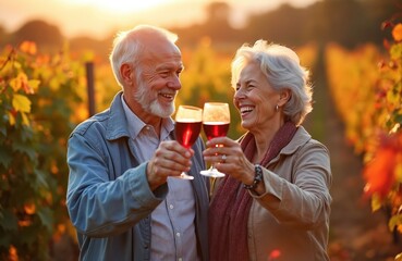 Happy senior couple toasts red wine glasses in autumn vineyard. Man, woman smile at, enjoying romantic date at golden hour sunset. Celebrate love, shared memories during farm visit, savoring special
