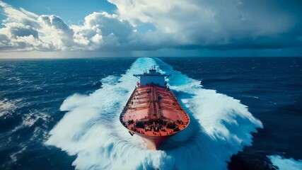 Imposing freighter creating magnificent white wake while traversing vast deep blue sea under dramatic cloudy expanse