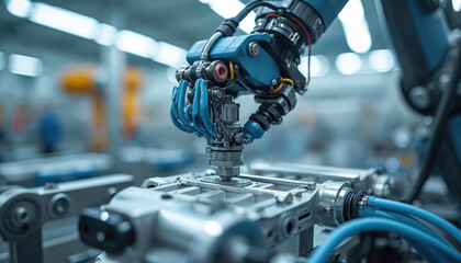 Close up blue robotic arm works on metal part. Machine uses pneumatic input for precise action. Automation tech in modern factory for manufacturing process. Industrial robot performs assembly task