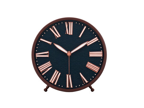 Vintage clock with black face, rose gold Roman numerals, and elegant metal frame, showing time at 1010, isolated on transparency background, classic and timeless design