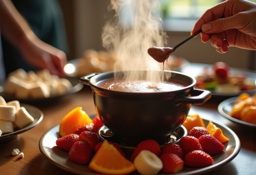 Chocolate Fondue Fresh Fruit Dippers View Array of Enticing Choices Strawberries Bananas Oranges Marshmallows
