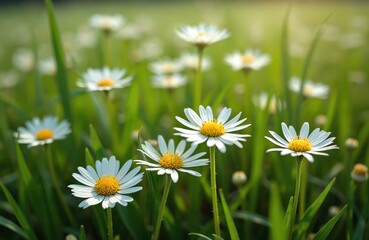 Fototapeta premium White daisy flowers bloom in green grassy field on sunny day. Delicate petals unfurl towards light, showing yellow centers. Soft focus background suggests peaceful, natural setting. Close-up on small