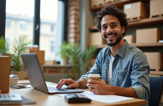 Happy hispanic man works at home using laptop. He is holding coffee. Male owner works in ecommerce business. Boxes are on background in office.