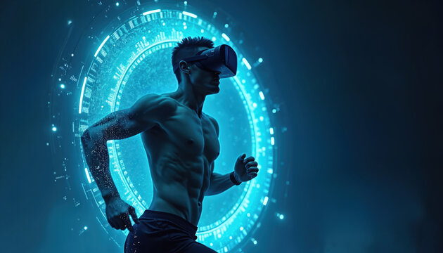 Muscular man runs in VR headset. Neon portal glows behind him with digital data streams. Futuristic workout, game, or data visualization concept.
