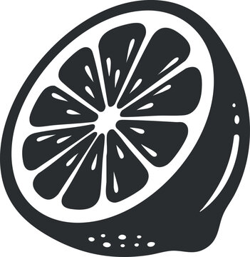 Stylized black and white vector illustration of a lemon slice, perfect for food-related design projects and branding.