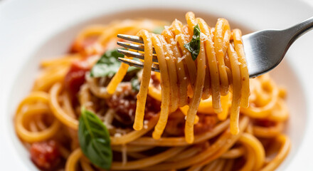 Delicious Close-up: Fork Lifting Saucy Spaghetti with Parmesan
An extremely close and vibrant high-angle shot focusing on a fork lifting a perfectly twirled bundle of spaghetti noodles from a serving