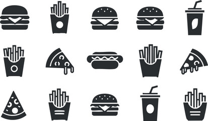 Collection of minimalist black and white vector icons featuring popular fast food items like burgers, fries, pizza, and drinks for menu design or branding.