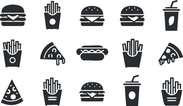 Collection of minimalist black and white vector icons featuring popular fast food items like burgers, fries, pizza, and drinks for menu design or branding.
