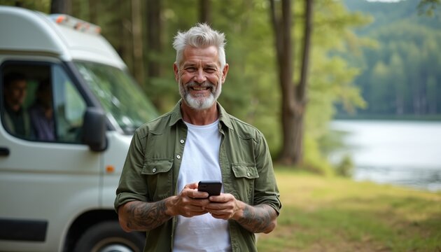 Smiling man uses smartphone near camper van. Active senior travel blogger checks online booking app at camping park. He enjoys journey, nature, holiday time and digital lifestyle roaming in nature. - Powered by Adobe