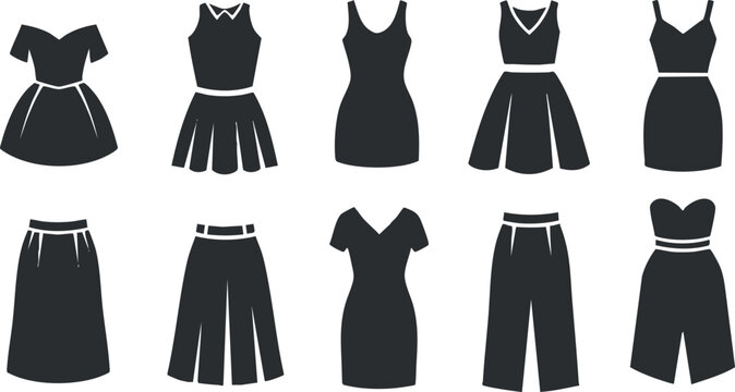 Stylish collection of silhouette vector illustrations showcasing various dress and skirt designs for fashion branding and design projects