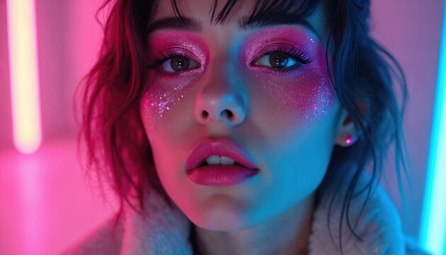 Young woman close-up face with vibrant pink glitter eye shadow, glossy lips. Wears intense makeup style, lit by blue, pink neon lights. Modern beauty fashion trend, party glam for club look.
