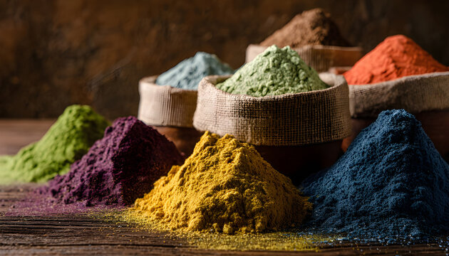 Medium shot of vibrant upcycled flour blends displayed on a wooden table emphasizing zerowaste food innovation for ecoconscious consumers - Powered by Adobe