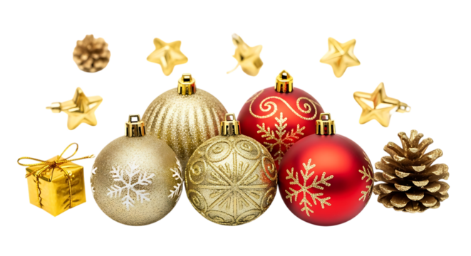 Assortment of Golden and Red Christmas Ornaments and Decorations graphic design isolated on a transparent background