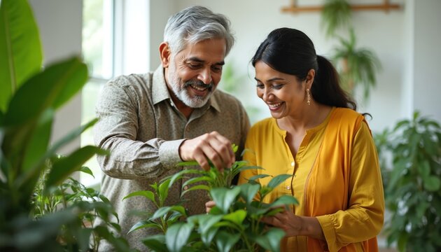 Mature Indian couple enjoys indoor gardening together in sunlit home. Woman smiles while man tends green plants. Happy family activity fostering connection and well-being.
