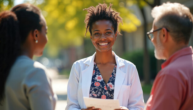 Female doctor talks with senior man, black woman outdoors. Medic provides consultation, holding documents. Healthcare worker advises patients. Clinic staff promotes health services in diverse