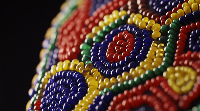 Colorful beaded embroidery in a close-up macro shot showcasing intricate patterns