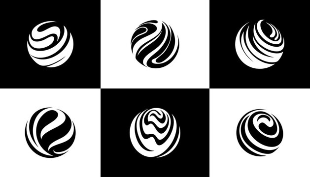 A 2x3 grid showcases spherical designs with abstract, flowing elements, alternating black/white backgrounds