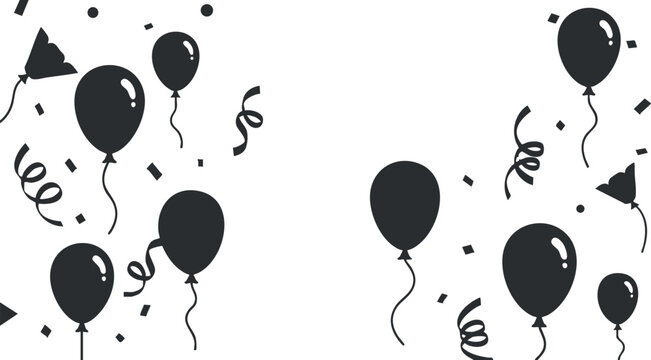 Black silhouette vector illustration of balloons, party hats, and confetti elements for festive occasions and event designs