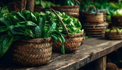 Softfocus medium shot of lush leafy greens spilling from handcrafted baskets on a wooden table showcasing sustainable agriculture