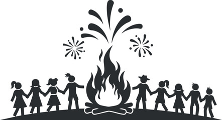 Silhouette vector illustration of people holding hands around a campfire with fireworks, ideal for celebration and outdoor themed designs