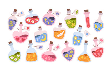 Colorful set of magic elixir and mystical potion bottles filled with shimmering, glowing liquids