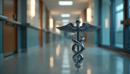 Shiny caduceus symbol stands prominently in clean, modern hospital hallway. Metallic health care sign represents medicine, wellness, pro treatment. Suggests clinic environment for patients seeking