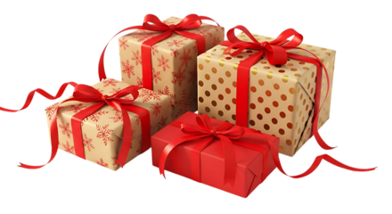 Four Christmas Gift Boxes Wrapped in Festive Paper with Red Ribbons image whisk isolated on a transparent background