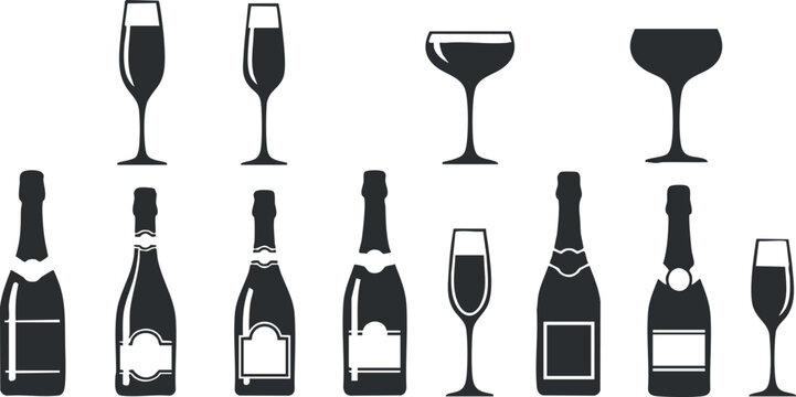 Stylized vector icon set featuring various champagne bottles and glasses for celebration and event design