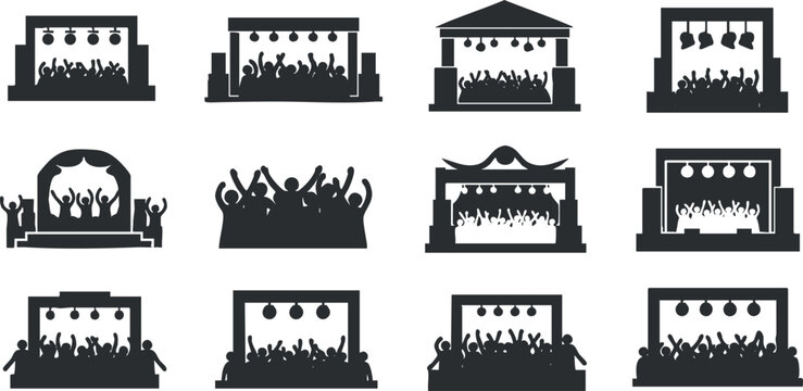 Vector icon set of concert stages with crowds in minimalist black and white design, ideal for event promotion and branding.