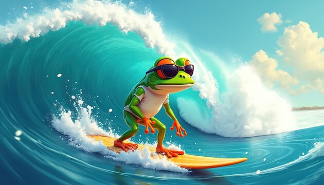 Green cartoon frog wearing black sunglasses surfs big wave. Balances on yellow surfboard in blue ocean. Funny amphibian enjoys thrilling summer water sports, beach vacation. Looks happy, cool.