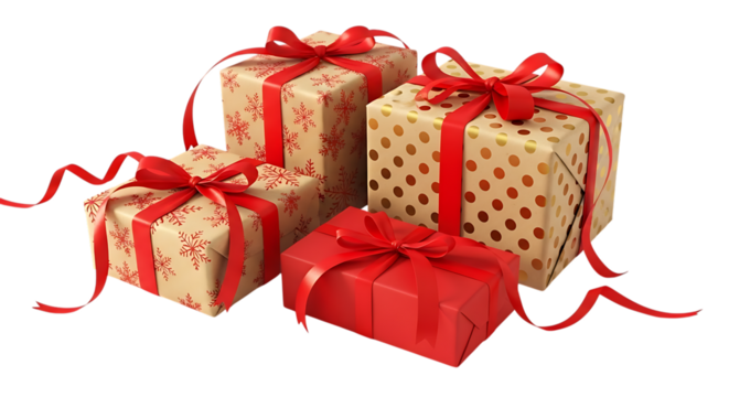 Four Christmas Gift Boxes Wrapped in Festive Paper with Red Ribbons image whisk isolated on a transparent background