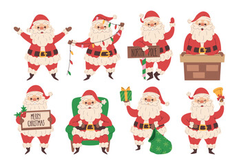 Christmas Santa Claus hand drawn winter holidays character different poses and festive activities